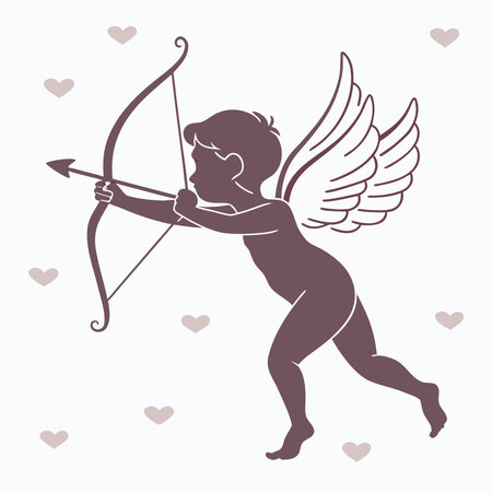 A charming silhouette of Cupid, the Roman god of love, aiming his bow and arrow, surrounded by small...