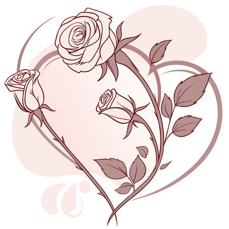 Elegant line art illustration of three roses intertwined within a subtle heart outline, perfect for romantic themes.のイラスト素材