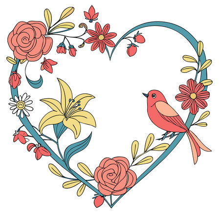 A charming illustration of a heart-shaped frame adorned with various flowers and a small bird perched on the side, perfect for romantic or nature-themed designs.のイラスト素材