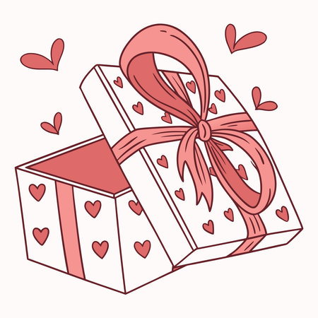 An open gift box adorned with a pink ribbon and small heart illustrations, symbolizing love and celebration.のイラスト素材