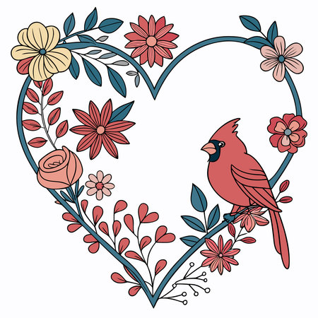 A charming illustration of a heart-shaped frame adorned with colorful flowers, leaves, and a vibrant red cardinal bird perched on a branch.のイラスト素材