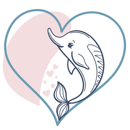 A charming hand-drawn illustration of a dolphin inside a heart shape, symbolizing love for marine...