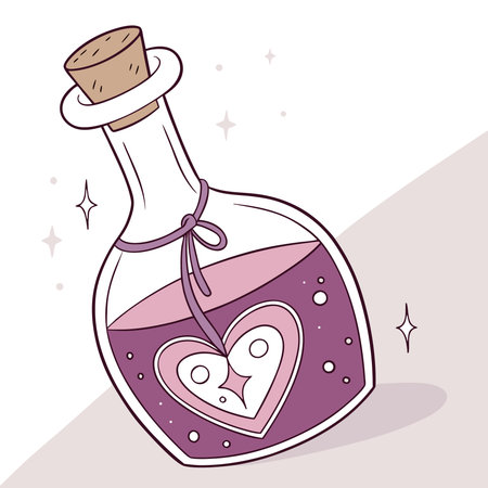 A whimsical illustration of a glass bottle filled with pink liquid, featuring a heart design and sparkling effects, suggesting magic or love.のイラスト素材