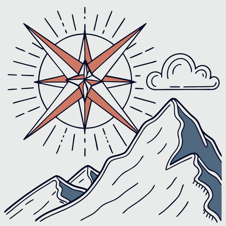A stylized illustration of a compass rose shining brightly over snow-capped mountains, with a single cloud in the sky.のイラスト素材