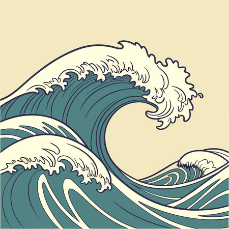 A stylized illustration of powerful ocean waves in a Japanese art style, evoking a sense of natures force.のイラスト素材