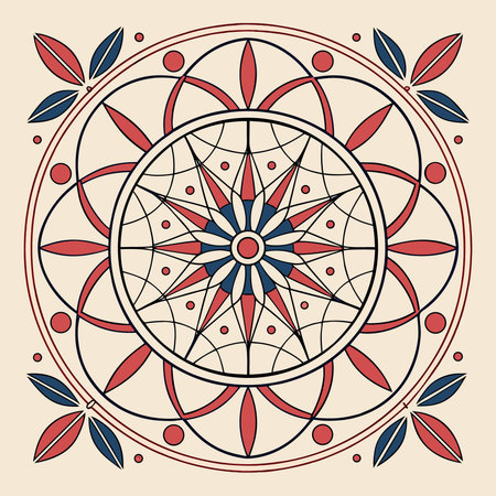 A symmetrical geometric mandala pattern featuring intricate lines and shapes in red, blue, and cream.のイラスト素材