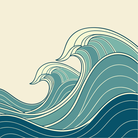 A graphic illustration of stylized ocean waves in shades of blue and teal, with a light background.のイラスト素材