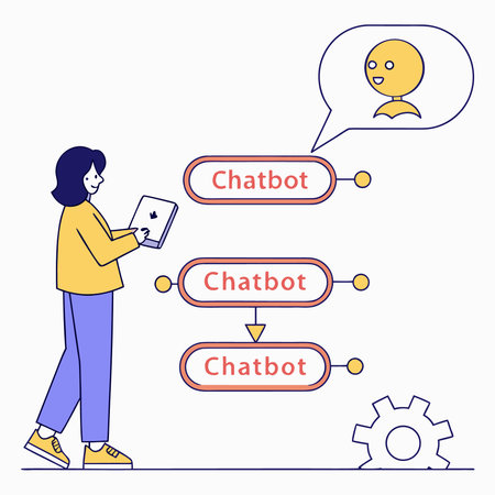 A woman uses a tablet to interact with a chatbot system, illustrating AI communication and workflow automation.のイラスト素材