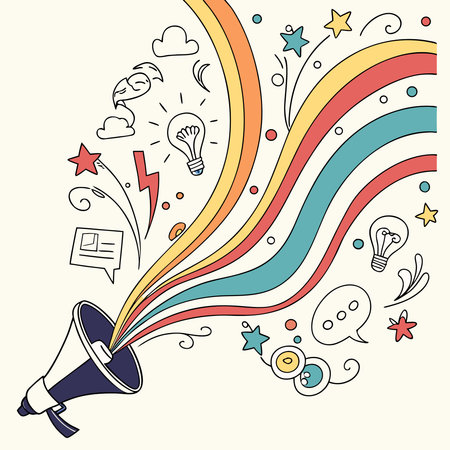 A vibrant and playful doodle style illustration showing an explosion of creative ideas and thoughts from a human head.のイラスト素材