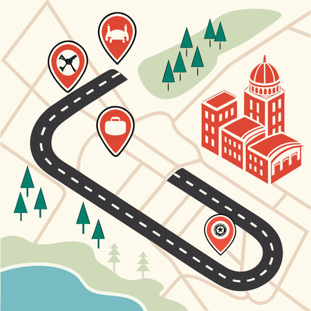 A flat vector illustration depicting a map with a travel route, destination markers, and icons representing a summer holiday trip.のイラスト素材