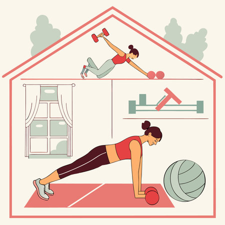 A clean vector illustration depicting a person performing a home workout routine for health and fitness.のイラスト素材
