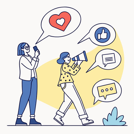 A dynamic illustration representing social media engagement with chat bubbles and various social icons, symbolizing online communication and networking.のイラスト素材