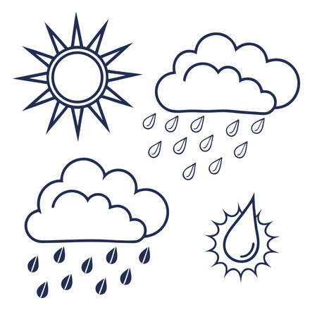 A vibrant illustration set of weather icons, featuring stylized representations of the sun, clouds, rain, and lightning, suitable for digital and print media.のイラスト素材