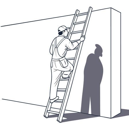 A thin outline illustration of a ladder leaning against a wall, symbolizing construction, DIY, home improvement, and reaching goals.のイラスト素材