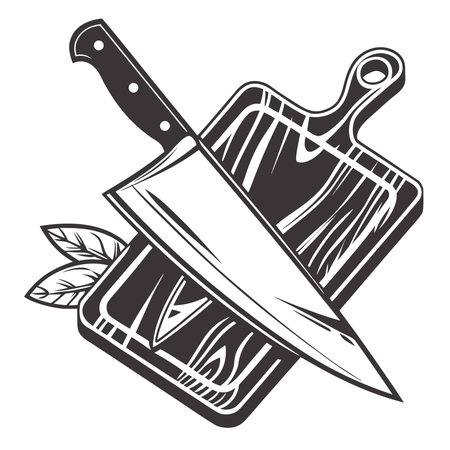 A silhouette icon showing a crossed cutting knife and board, representing food preparation, cooking, and culinary activities.のイラスト素材