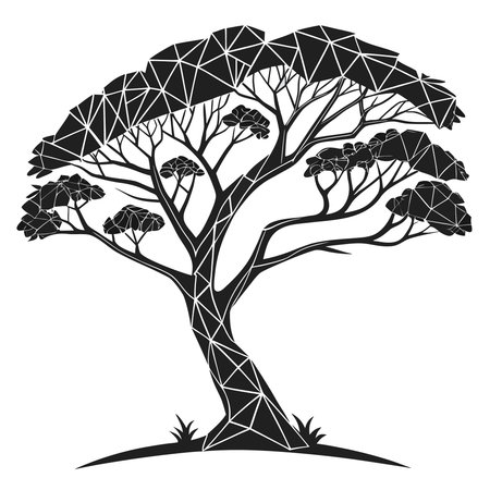A stylized low poly tree in a geometric black style, representing nature, environment, and abstract concepts with a modern feel.のイラスト素材