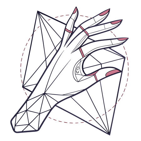 An abstract geometric polygon shape resembling a hand, suitable for concepts related to design, creativity, technology, or human interaction.のイラスト素材