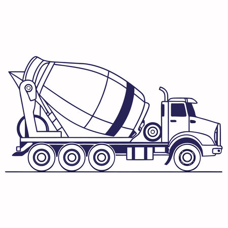A simple blue line art vector graphic of a cement mixer truck against a white background. Ideal for design elements related to construction and transportation.のイラスト素材