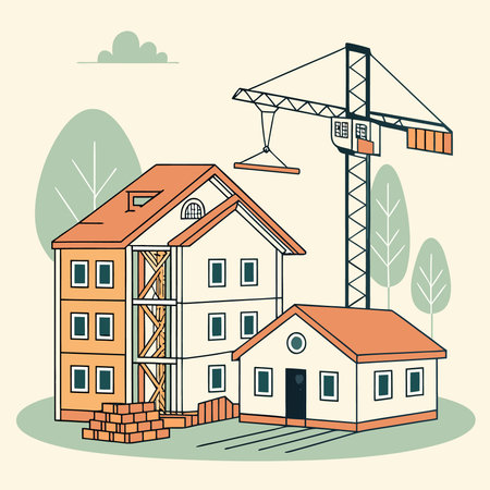 An illustration depicting a construction site with buildings in various stages of development, a tall crane, and surrounding trees, symbolizing real estate development and urban growth.のイラスト素材
