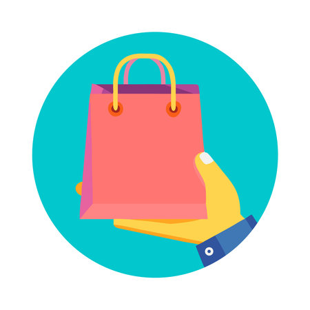 A vibrant flat design illustration of a hand extending a pink shopping bag against a turquoise circular background, signifying shopping, retail, and gifting.のイラスト素材