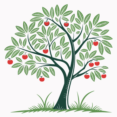A simplified illustration of a tree laden with ripe red apples and fresh green leaves, standing on a patch of grass against a white background.のイラスト素材