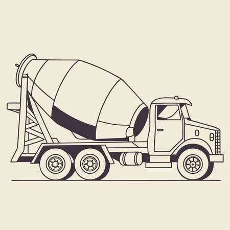 A clean, line art illustration of a cement mixer truck in a minimalist style, set against a neutral background. Perfect for construction and industrial themes.のイラスト素材