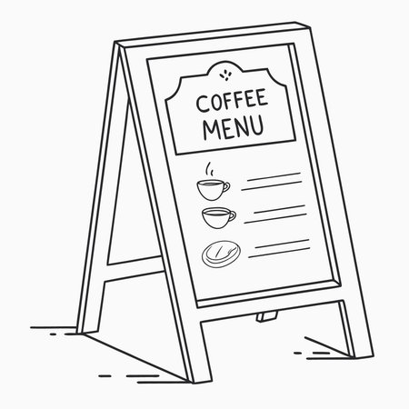 A charming line drawing of an A-frame sandwich board displaying a coffee menu with cups and a coffee bean graphic, perfect for outdoor cafe advertising.のイラスト素材