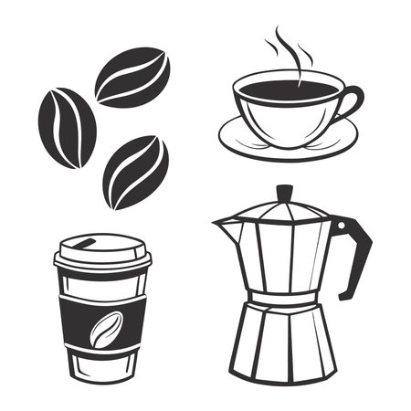 Coffee icons set. Coffee cup, coffee pot and beans. Vector illustration.のイラスト素材