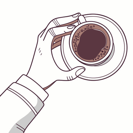 An overhead view illustration of a hand elegantly holding a cup of coffee on a saucer. Perfect for themes of relaxation, coffee breaks, and enjoying a warm beverage.のイラスト素材