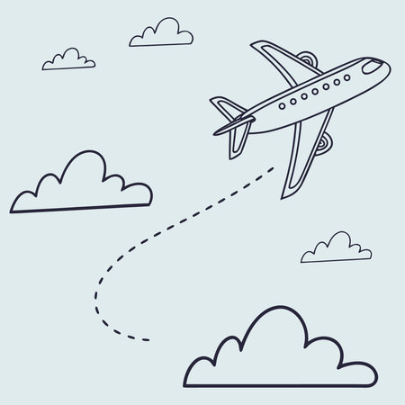 Airplane flying in the sky. Vector illustration of a flat design.のイラスト素材