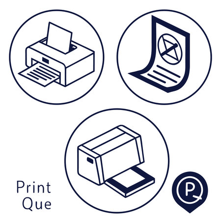 A set of outline vector icons illustrating a printer machine, a document with a mark, and a print...