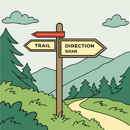 A vibrant illustration of a wooden signpost with directional arrows pointing to a trail, set in a...
