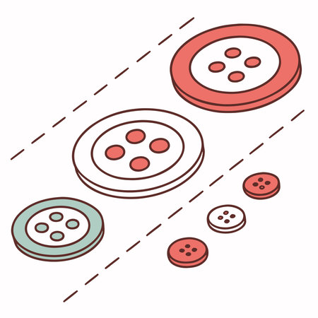 An isometric illustration featuring a collection of sewing buttons in different sizes, with coral...
