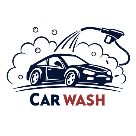 Stylized graphic  depicting a car being washed with water spray and soap bubbles, representing a car wash service, Car Wash, Pressure Wash, App Icon, Dark Blue, App Icon, Dark Blue, Modern, Designのイラスト素材