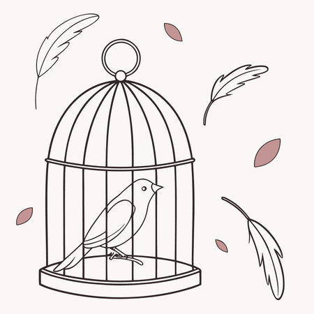 A simple line drawing features a bird confined within an ornate cage, with loose feathers and abstract shapes scattered around, Bird Outline, Cage Icon, Line Art, Outline Art, Hand Drawn, Outline Drawのイラスト素材