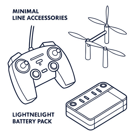 This minimalist line drawing shows a drone controller, a battery pack, and a drone frame. Text...