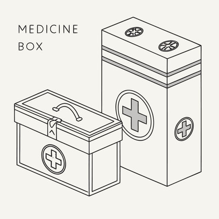 A simple, hand-drawn illustration showing a portable first aid kit and a larger medical supply box, both marked with a cross, First Aid, Line Art, Medicine Cabinet, Simple, Hand, Drawn, Showing, Setのイラスト素材