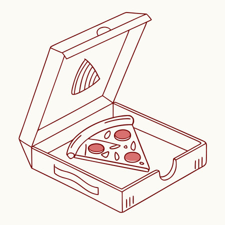 A line art illustration shows a single slice of pepperoni pizza inside an open pizza box, ideal for food delivery or fast food themes, Pizza Slice, Pizza Box, Fast Food, Junk Food, Party Food, Lineのイラスト素材