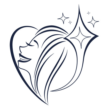 An abstract line art illustration depicting a woman's profile within a heart shape, surrounded by sparkling starbursts. This graphic conveys themes of beauty, self-love, and positive emotion, Line Artのイラスト素材