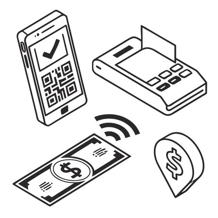 An isometric illustration depicting a modern cashless payment systemのイラスト素材