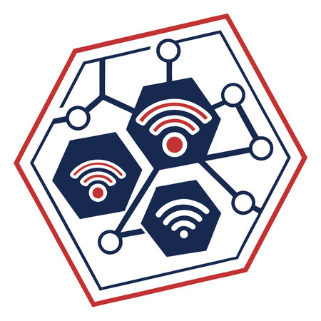 An abstract graphic illustration featuring multiple dark blue hexagons, each displaying a red ...