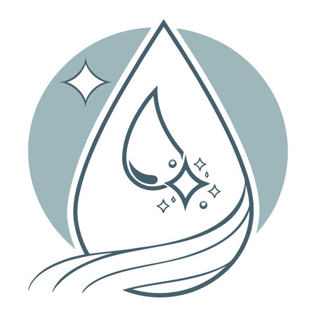A conceptual graphic icon featuring a large water drop outline containing a smaller drop, with flowing wave-like elements and a sparkle symbol on a light blue background. it represents purityのイラスト素材