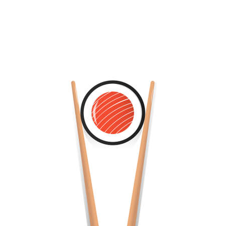 chopsticks holding sushi roll. concept of snack, exotic nutrition, restaurant, sea food. isolated on white background. flat style trend modern logo design vector cartoon  illustrationのイラスト素材