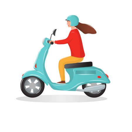 Female motorcyclist riding on blue scooter motorbike. Young woman using motorcycle transport for travel and trip. Flat cartoon vector illustration isolatedのイラスト素材
