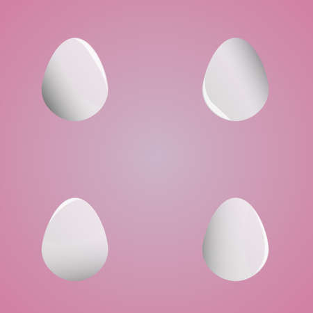 Set of white eggs with shadows and glares on magenta background. Realistic eggs in different positions. Vector cartoon illustration with 3d decorative objects for Easter design.のイラスト素材