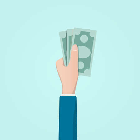 Cartoon hand of businessman holds banknote. Concept of financial operation with money bills and banknotes. vector illustration with hand and money bills.のイラスト素材