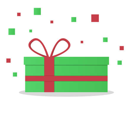 Delight present, surprise green gift box, birthday celebration, special give away package, loyalty program reward, wonder gift with exclamation mark, icon, flat vector illustrationのイラスト素材