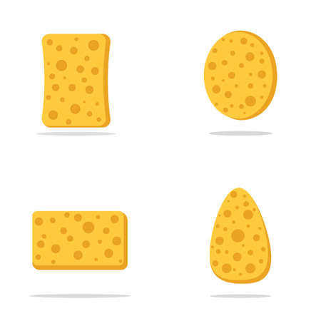 Set of sponge icons. Yellow sponges made of soft, porous material for washing and bathing. Vector illustration isolated on a white background for design in cartoon style.のイラスト素材