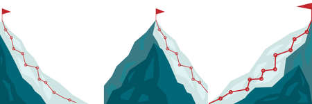 Set of Mountain climbing route to peak in flat style. Business journey path in progress to success vector cartoon illustration. Mountain peak, climbing route to top rockのイラスト素材