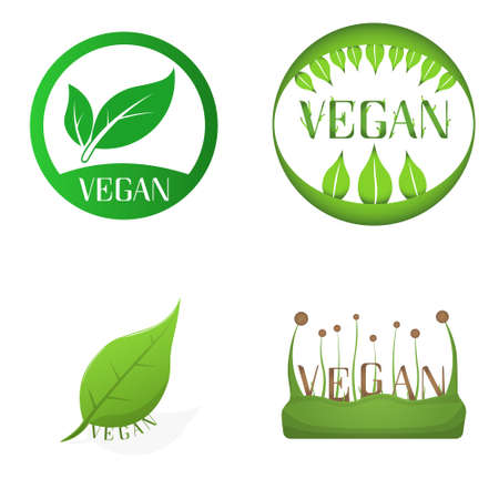 Set of Vegan vector icons. Organic, bio, eco symbol. Vegan, no meat, lactose free, healthy, fresh and nonviolent food. Green vector illustration with leaves for stickers, labelsのイラスト素材
